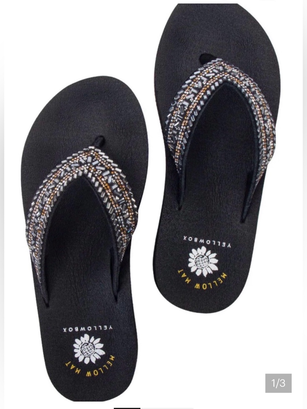 Yellow Box Leather Upper Beaded & Rhinestone Flip Flops with Multicolor Accents - Picture 1 of 5